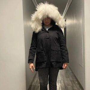 Jazzevar elegant black  parka fox trim fur size S